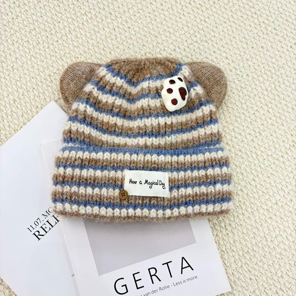 Cute cat paw striped knitted ear hat women's autumn and winter versatile face small wool hat pullover new