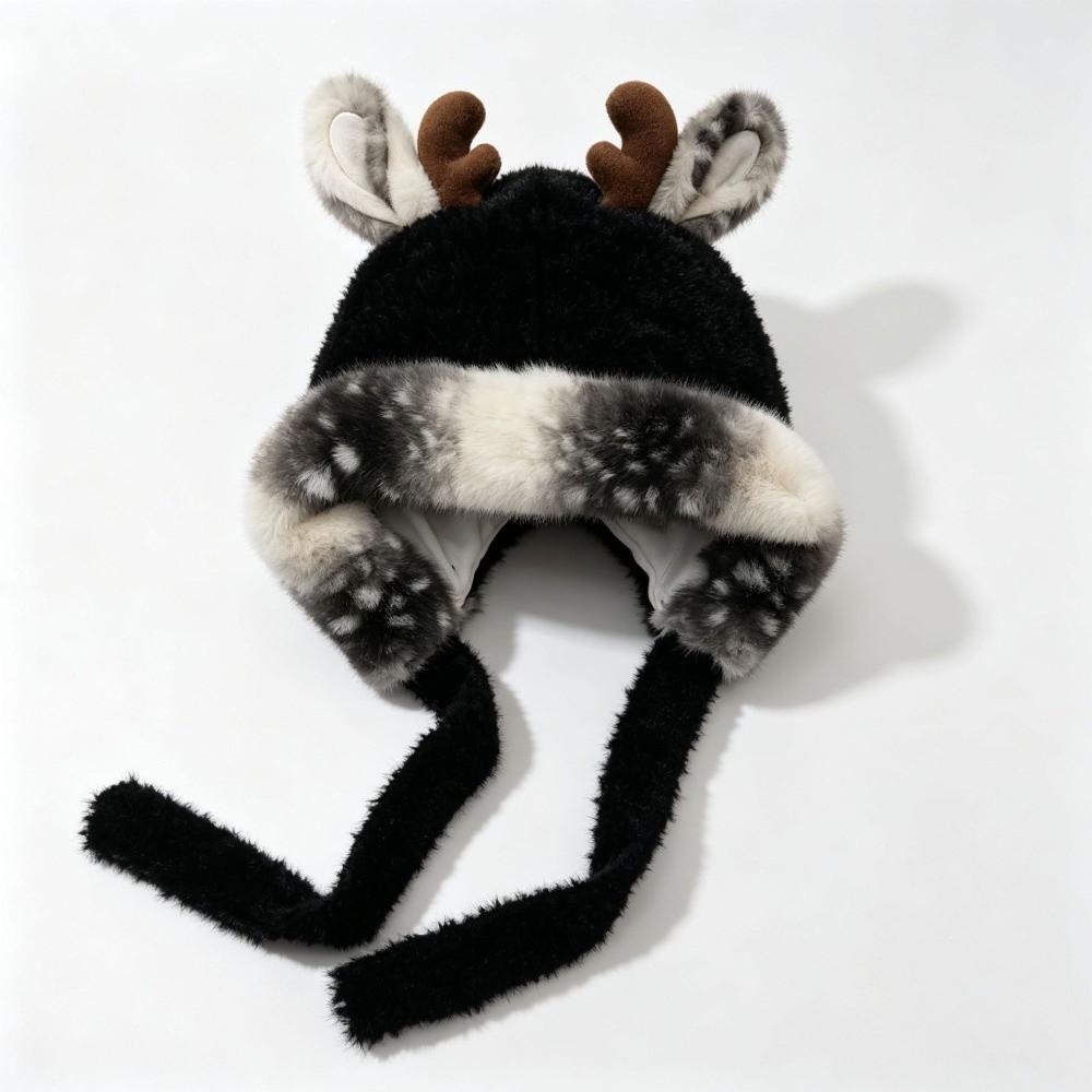 Plush Antler Winter Warm Hat Ear Protection Beanie Hat New Woolen Cap  Women