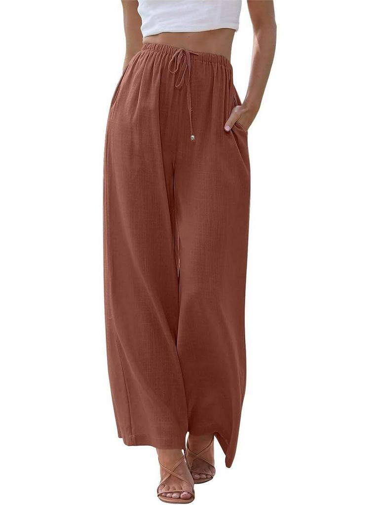 2024 Women's Linen Wide-Leg Drawstring Beach Pants with Pockets - European and American Style