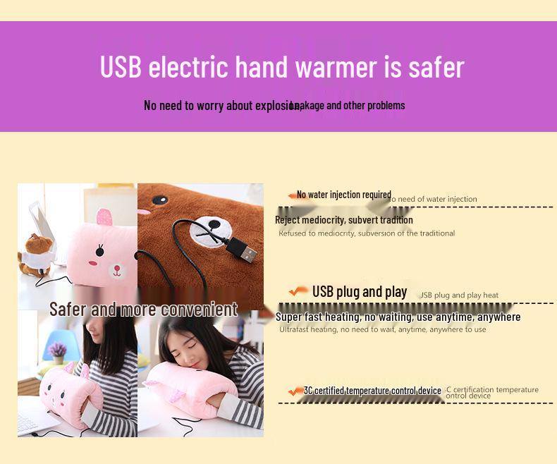 Cartoon USB Heated Plush Hand Warmer Pillow - Removable, Washable, No Water Required