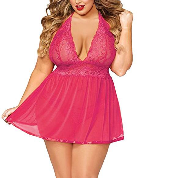 Plus Size Sexy Lace See-Through Nightdress for Women - Cross-Border European & American Style