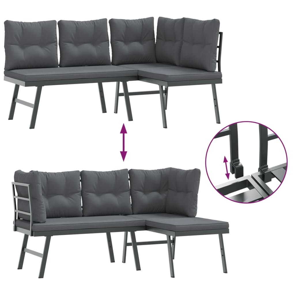 Garden Benches Set of 4 with Cushions Black Powder Coated Steel