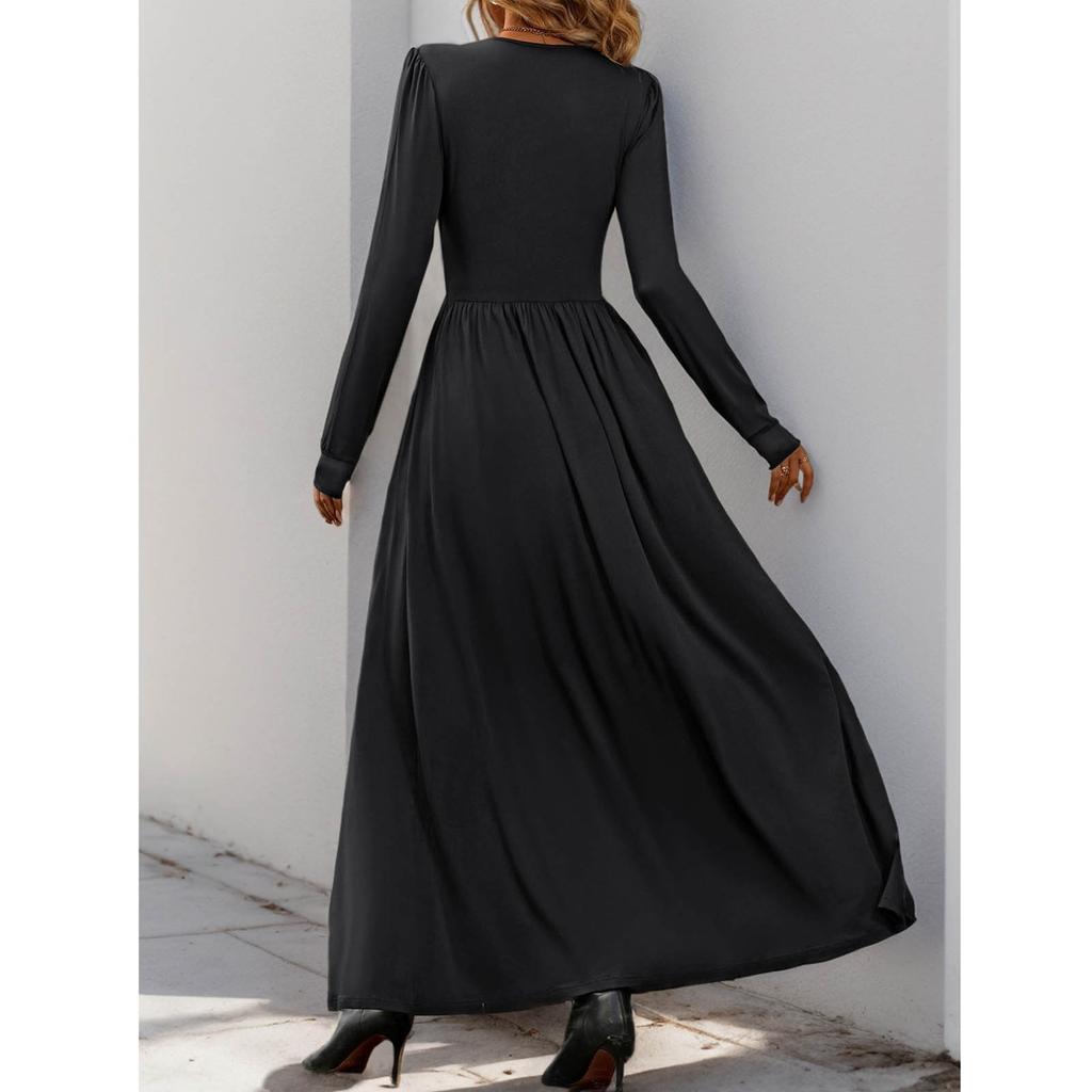 Vestido Feminino da Moda Casual Cor Sólida Renda Decote V Ajustado Manga Longa