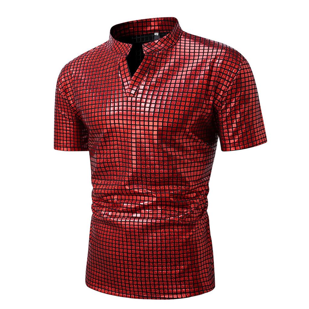 Men's Summer Plaid Tops Printed Shiny Men's Tops Casual T-shirts Men