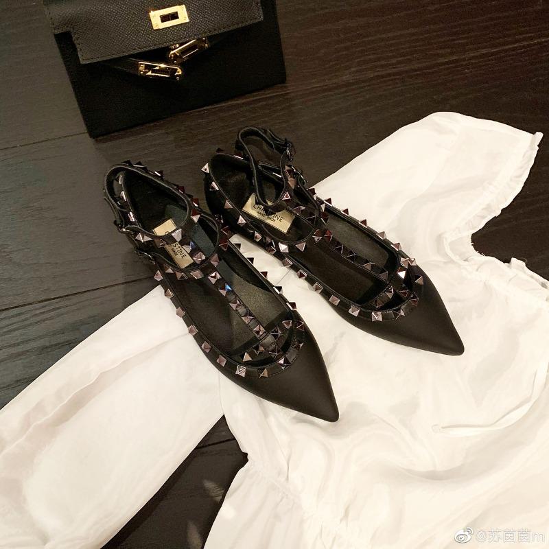 Sheepskin version~ Leather pointed tip shallow mouth strap rivet Mary Jane shoes women's flat all-match single shoes