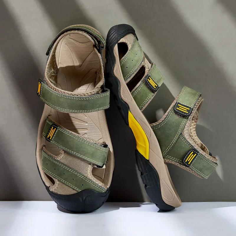 Fashion Summer Genuine Leather Men's Sandals Classic Breathable Slip-On Sandals Men Outdoor Casual Beach Sandals Sneakers Plus Size 48