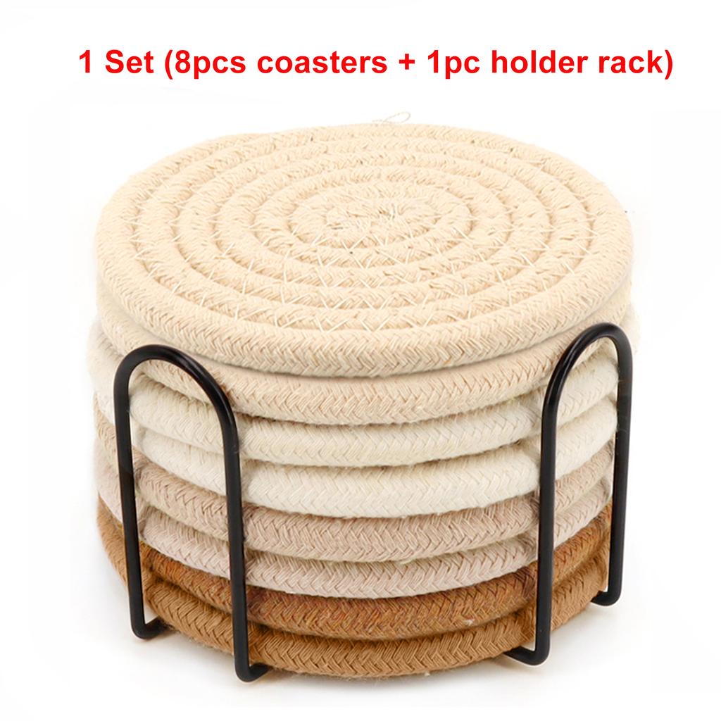 8Pcs Cup Coasters for Drinks Absorbent Woven Coaster Set with Holder Farmhouse Cloth Fabric Cup Coasters for Coffee Tea