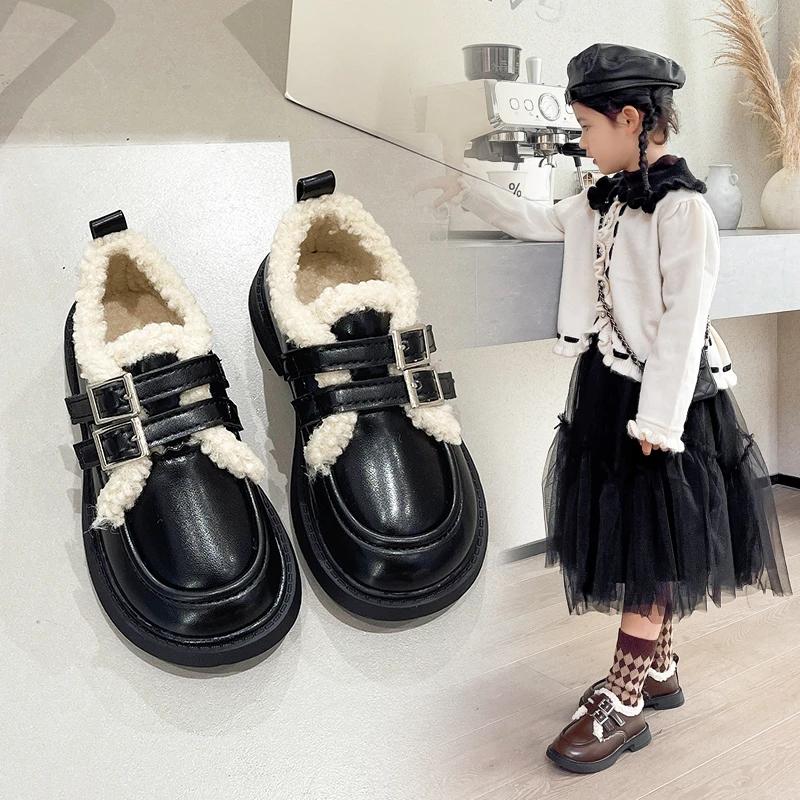 2024 Children Leather Shoes for Girls Winter New Fashion Korean Style Soft Bottom Princess Plush Anti-slippery Chic Warm Shoes