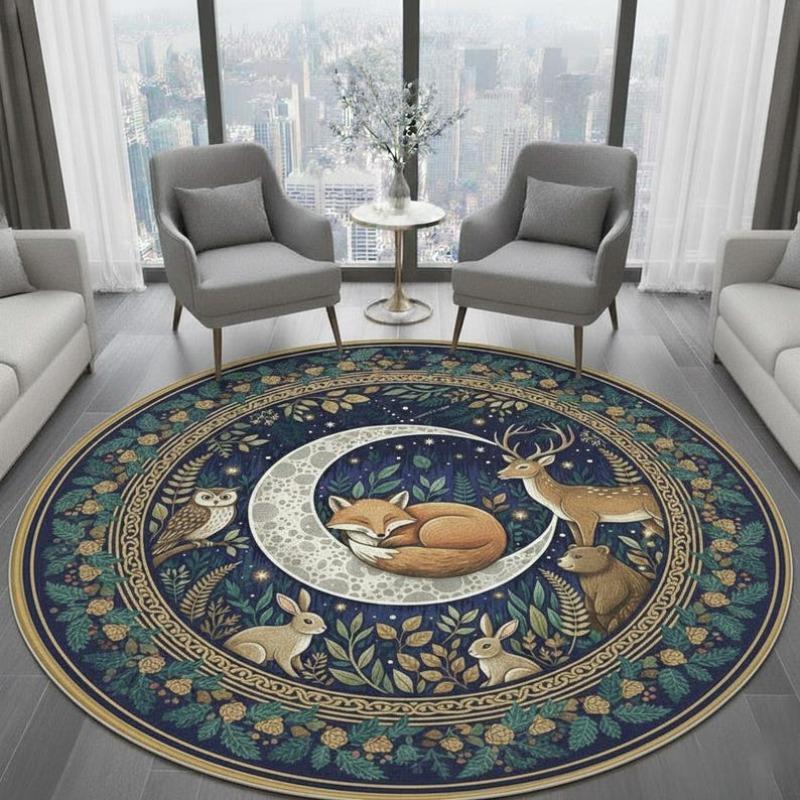 Moonlit Forest Round Rug Celestial Woodland Animals Mat Boho Decor 60X60cm