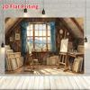 2D Cozy Artist Attic Backdrop with Art Supplies & Frames Photo Booth