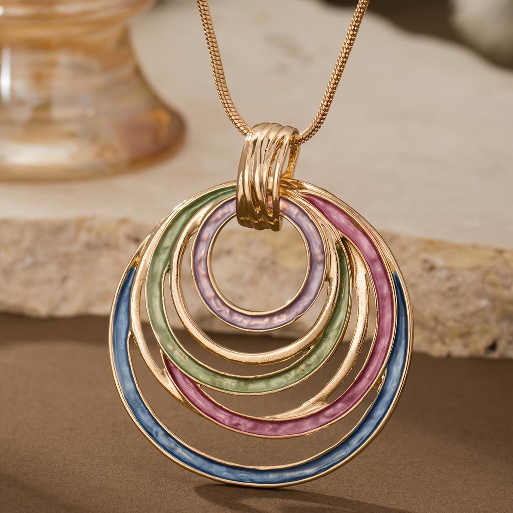 Retro Böhmisk Dam Justerbart Geometriskt Runt Ihåligt Hänghalsband Legering Emaljsmycken med KC Guldplätering, Flerfärgade Alternativ för