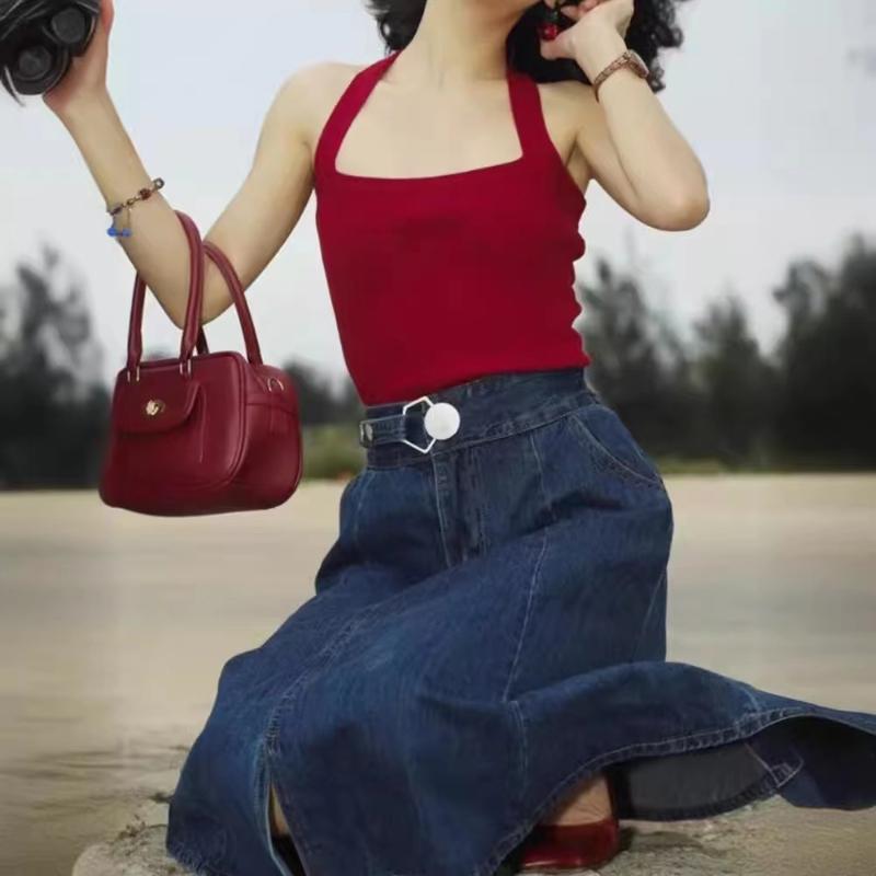 Summer Knitted Suspender Backless Crop Tops Women's Neck Strap Sleeveless Sexy Red Vest Vintage Tank New