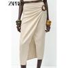 Zaprha 2025 Summer New Skirt Split Buckle Decoration Linen Blend Midi Skirt 7969034