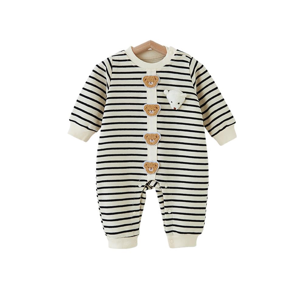 

Babykoi Baby Clothes Long Sleeve Romper for Boys Newborn Coverall Border Clothes Front Opening Maternity Prep Gift Horizontal Stripes Bear Print Black
