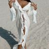 New Sexy V Neck Ruffled Long Sleeve Chiffon Tunic Beach Cover Up Cover-ups Beach Dress Beach Wear Beachwear Female Women V5976
