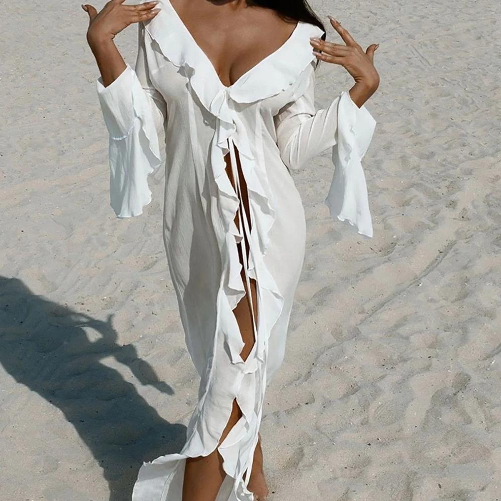 New Sexy V Neck Ruffled Long Sleeve Chiffon Tunic Beach Cover Up Cover-ups Beach Dress Beach Wear Beachwear Female Women V5976