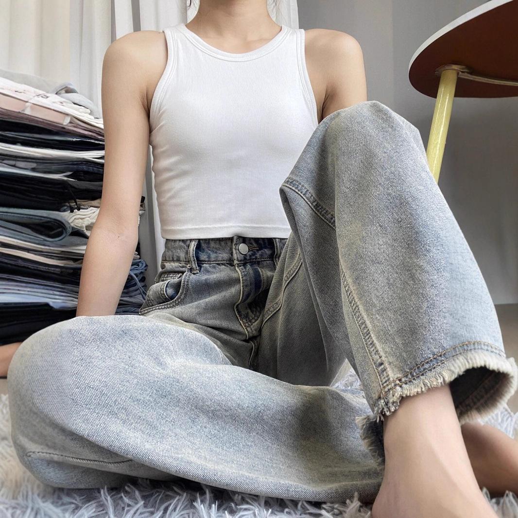 

Джинсы широкие для женщин на весну и осень, ретро-желто-грязного цвета, американские брюки в пол, драпирующиеся, светло-голубые брюки прямого кроя 5XL