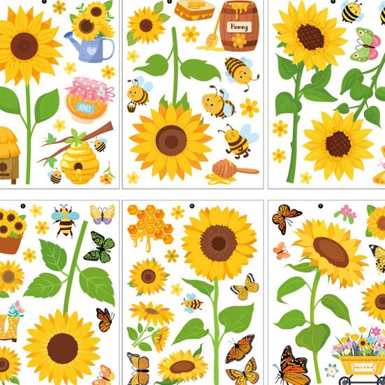8 Vellen Zonnebloem Bij Vlinder Raamstickers Statisch PVC Raamdecoratie Herbruikbaar Verwijderbaar Lente Bloemen Decals voor Glazen Deur Raam Decor