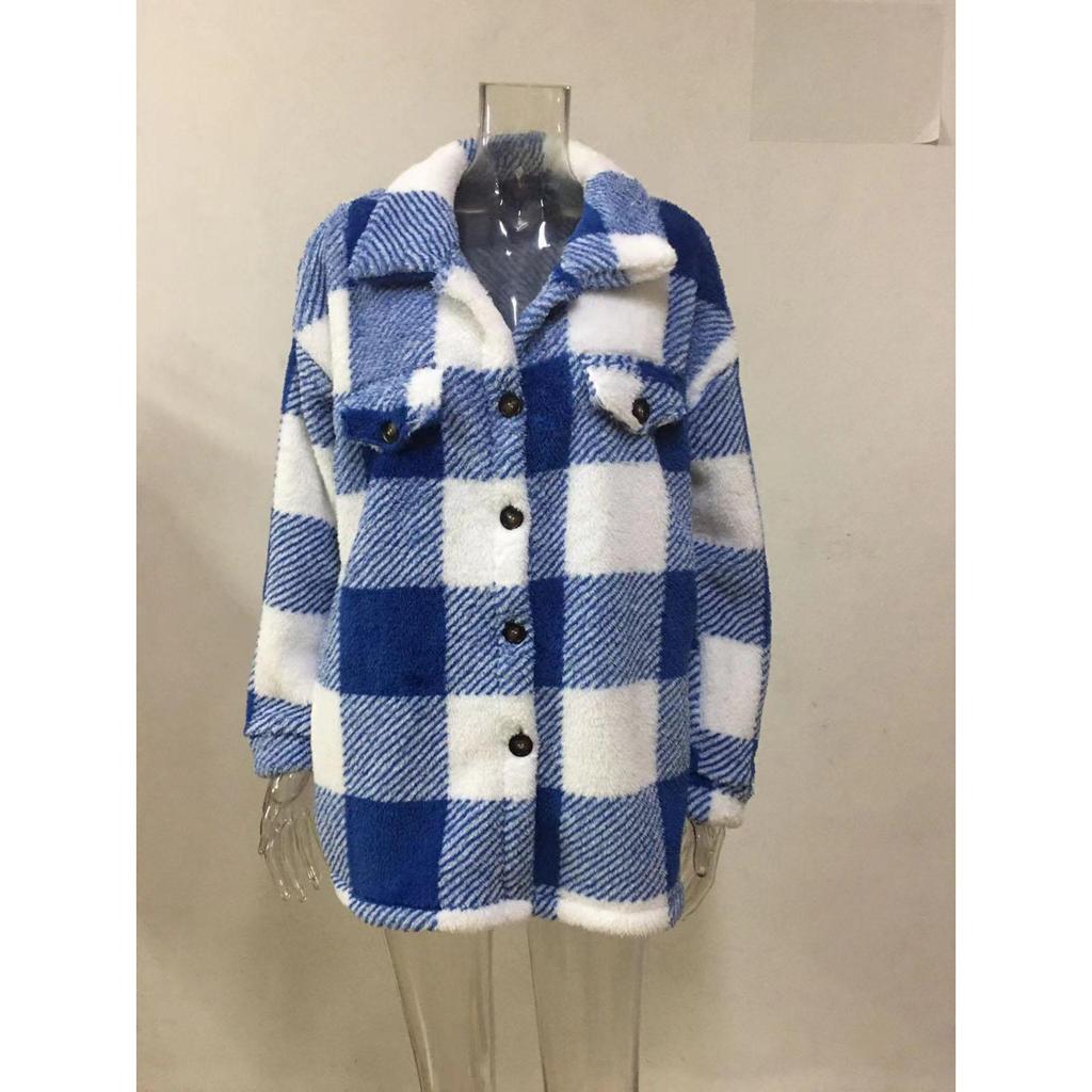 Giacca Cappotto Plaid da Donna in Pile Autunno Inverno Manica Lunga Monopetto Bottone Moda Casual Larga Cappotti Giacche Capispalla