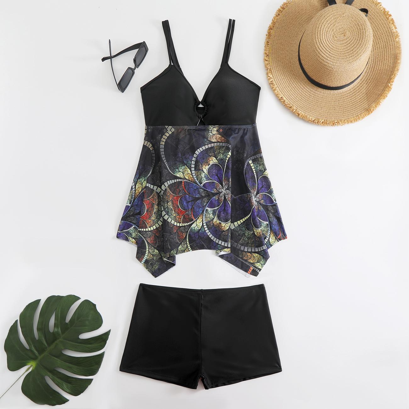 

Плюс Размер Женская мода сексуальный круглый вырез фиолетовые листья бикини комплект облегающий пляжный купальник из двух частей комплект 6XL чёрный