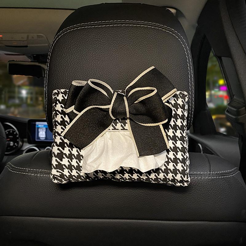 Cute Bowknot Grid Car Tissue Box Auto Seat Headrest Hanging Paper Tower Holder Organizer Women Styling Car Interior Accessories