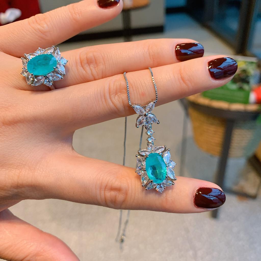 Jewelry Color Treasure Simulation Paraiba Earrings Pendant Ring Small Fresh Jewelry Set
