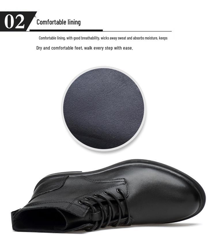 Men's Black Leather High-Top Martin Boots, Large Size, Warm Cotton Lining for Outdoor Work In Autumn and Winter