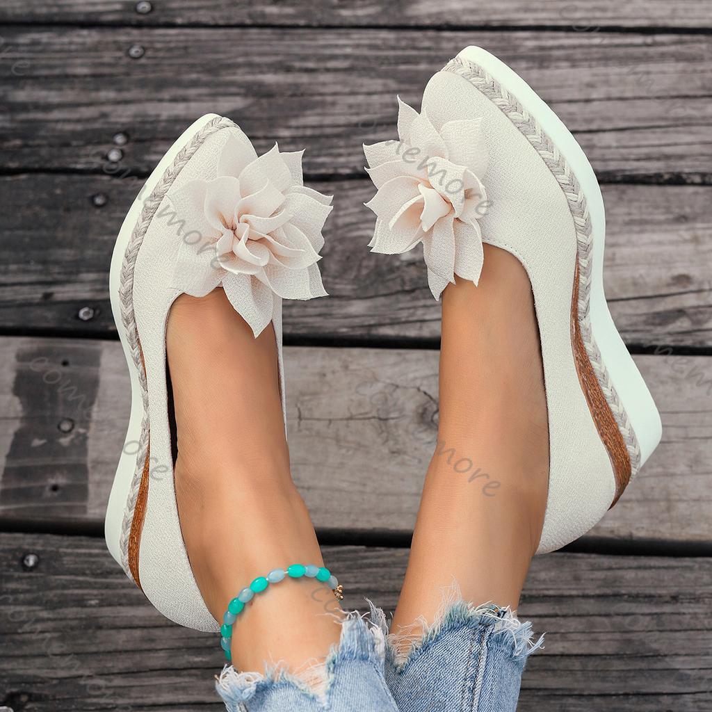 Fashion Comemore Flower-patterned Women Pumps Spring Summer Casual Wedge High Heels Slip On Loafers Flat Bottom Single Shoes for Women