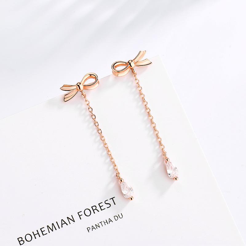 Original Bow with Diamond Long Super Fairy Fringed Earrings Korean Version of Simple Temperament Water Drop Earrings