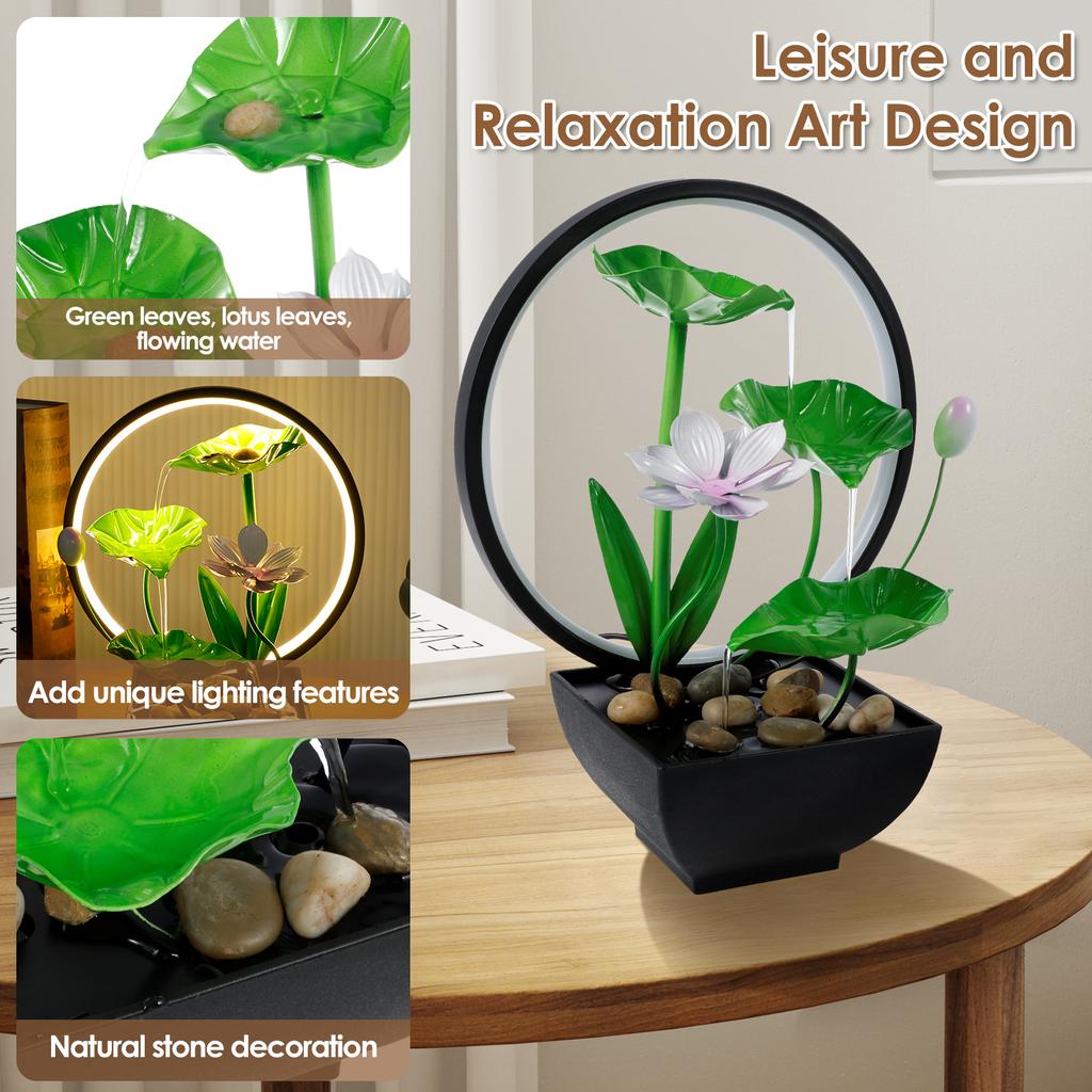 Water Lily Tabletop Fountain With Natural Stone USB Charging Desk Fountain With Built In Pump 3 Tiers Green Leaf Waterfall