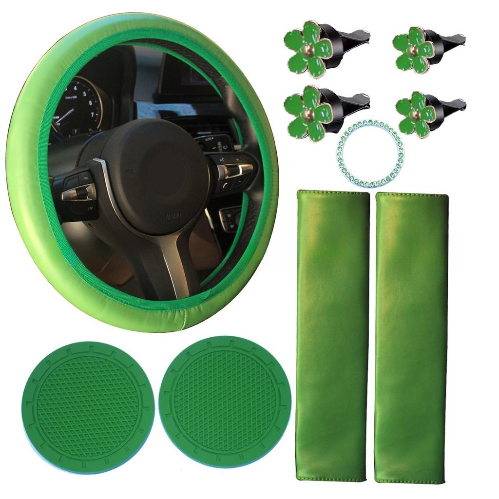 10Pcs Car Accessories Set Steering Wheel Cover Safety Shoulder Clip Cup Holder Start Button Clip Air Vent Flower Decor Covers