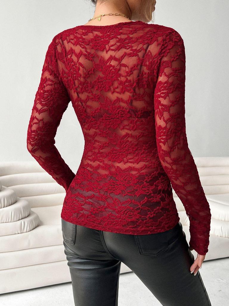 Elegant 2025 V-Neck Fan Collar Lace Pullover - Long Sleeve Slimming Top