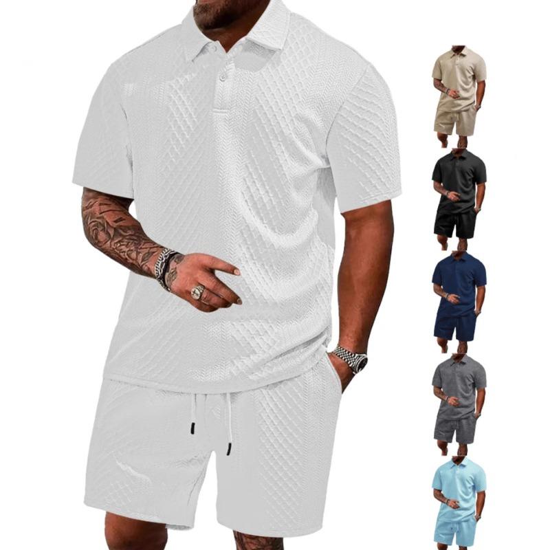 Men's Summer New Jacquard Cloth Men's Casual Sports Thin Lapel Shirt Short-sleeved Set