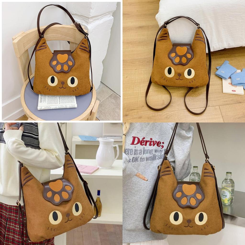 Cartoon Cat Tote Bag With Embroidered Animal Details And Zipper Closure For Office And Casual Wear