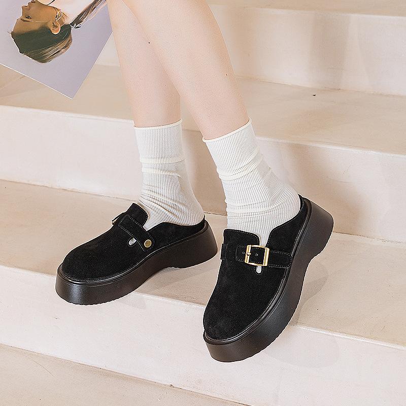 

Баотоу Бокен полушлепанцы женские на толстой подошве без каблука весна и лето 2025 новый однотонный средний каблук с пряжкой 40 чёрный