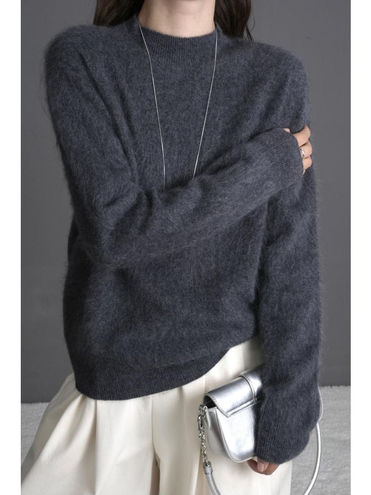 Fluffy Crew Neck Knit Sweater for Women