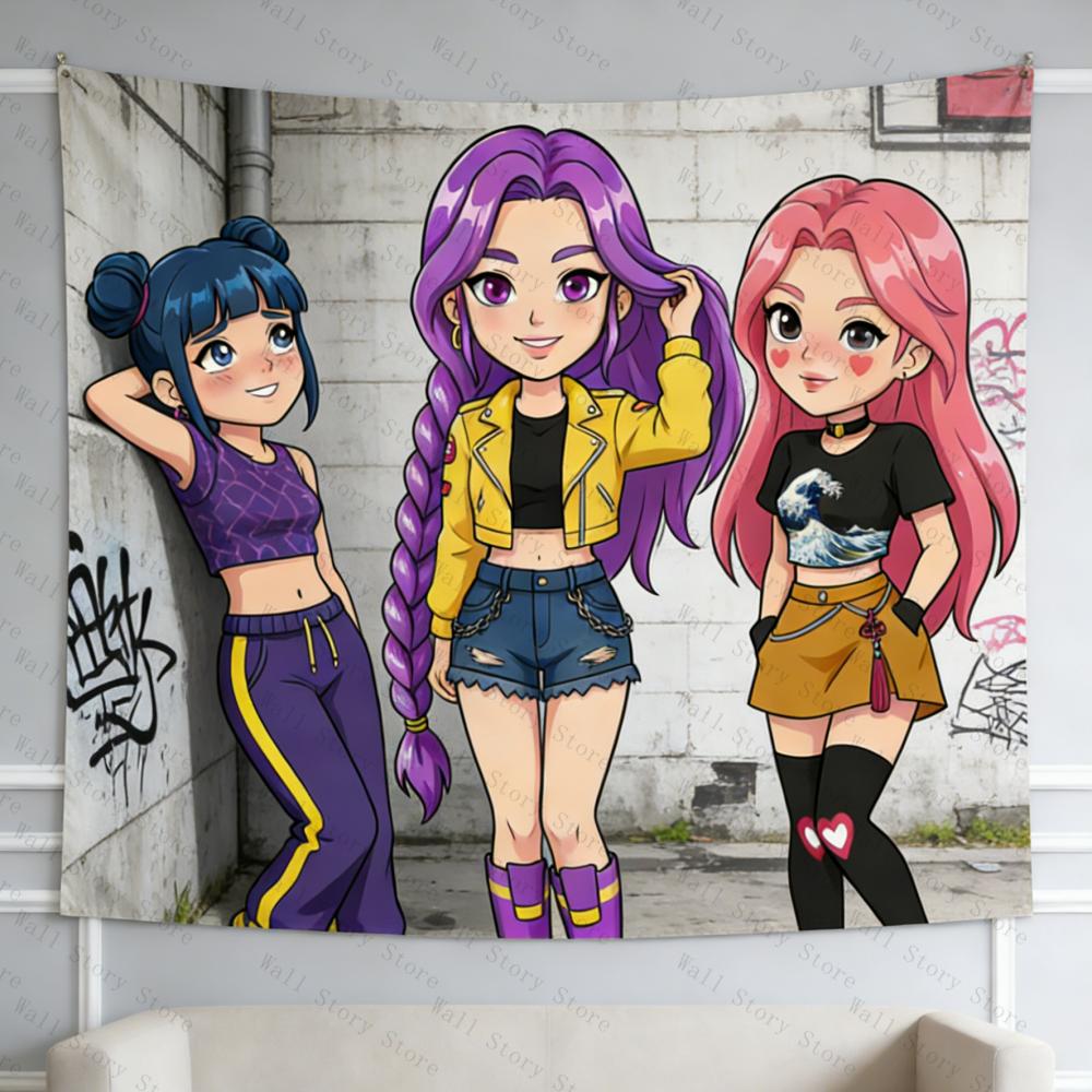 Anime Trio Girl Tapestry Cartoon Wall Hanging Bohemian Aesthetic Decor for Bedroom Living Room Dorm Multiple Scene Use Tapestry