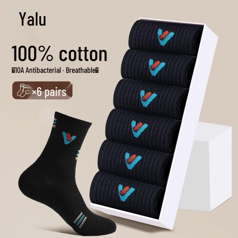 Yalu Men s Pure Cotton Mid-Calf Socks (6-Pair Pack) One Size Fits All