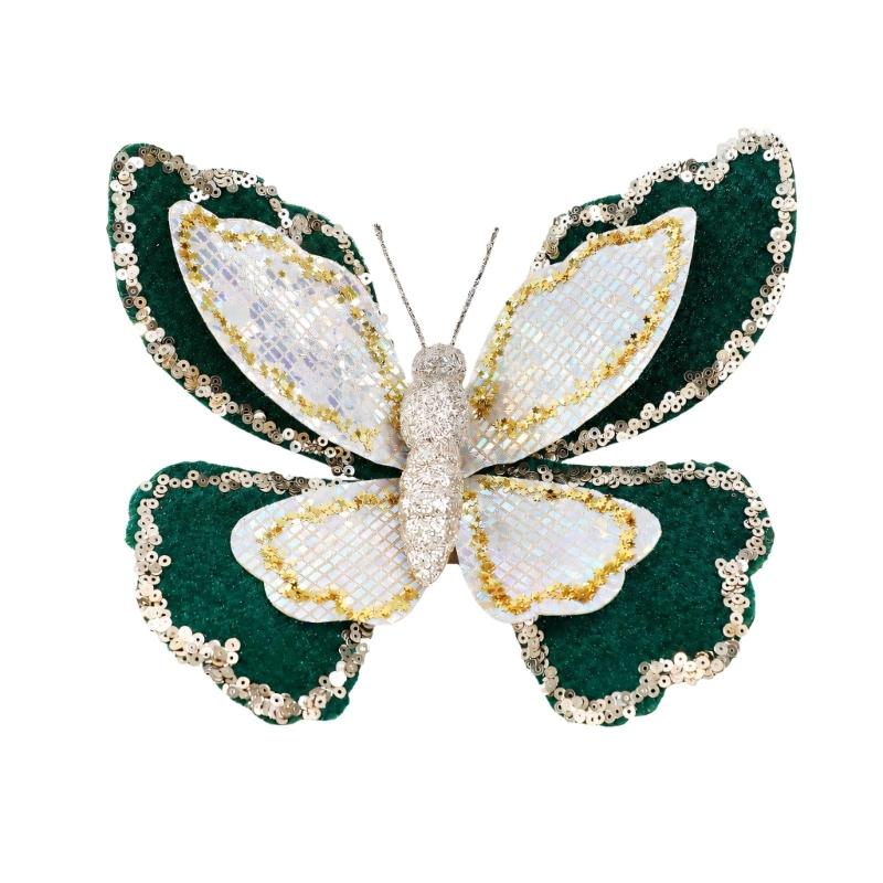 Sparkling Butterfly Decoration with Sculpted Profile and Attached Loop for Christmas Backrops Holiday Tree and Mantel Displays