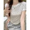 Grey polka dot crew neck short-sleeved T-shirt women's pure desire to show their navel and waist short front shoulder Spice Girl Small Summer Top