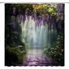 Misty Forest Shower Curtain Purple Floral Foggy Jungle Fantasy Spring Garden Green Plants Nature Landscape Bathroom Decor Curtains Polyester with