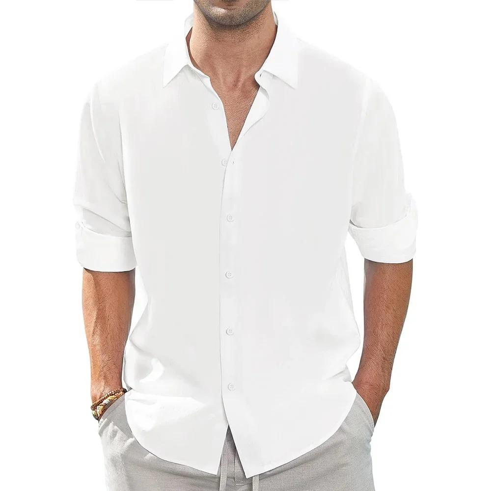 Autumn New Men's Shirt Casual Long Sleeve Cotton Linen Breathable Basic Style Single Breasted Male Lapel Collar Top