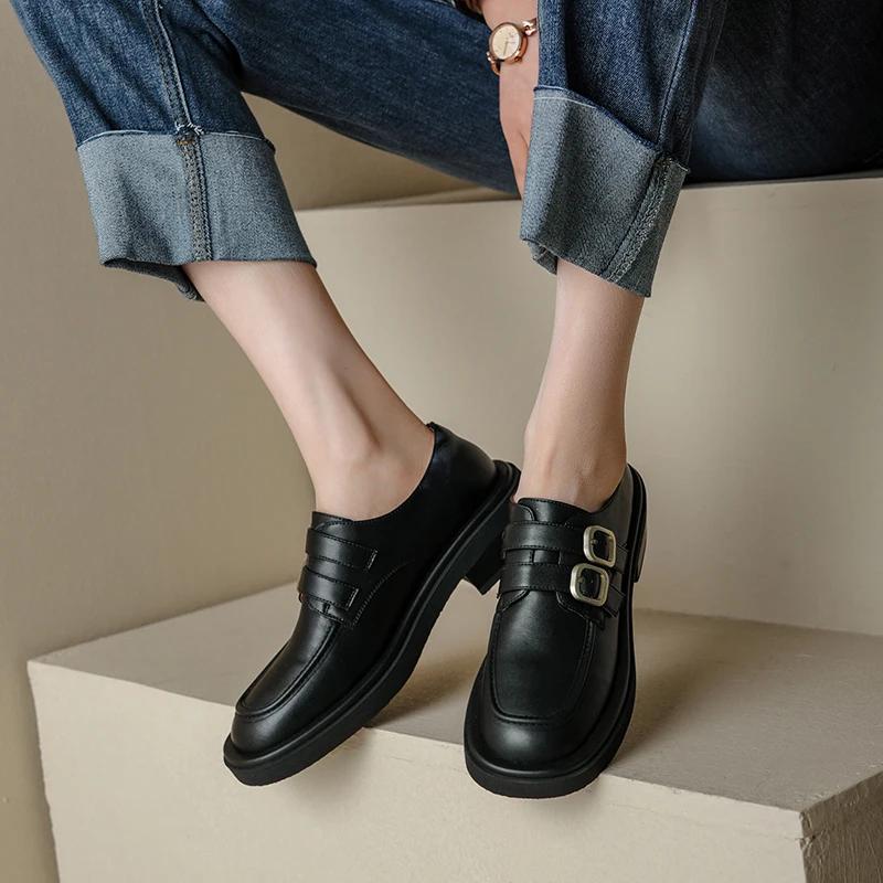 Fashion 2025 New Spring Split Leather Women Shoes Casual Slip-On Loafers Round Toe Chunky Heel Shoes Woman Zapatos De Mujer Buckle