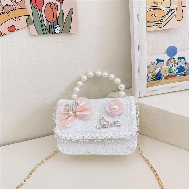 Stylish Lace Princess Mini Pearl Handheld Purse For Girls With Floral Patterns And Breathable Polyester