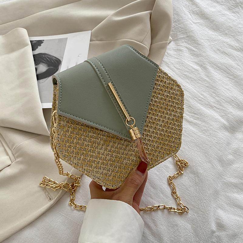 

Женская сумка плетеная шестиугольная сумка однотонная одно плечевая сумка через плечо соломенная сумка кисточка цепочка через плечо сумка