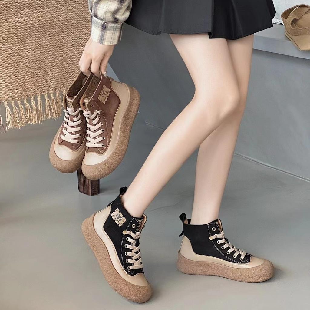 Spring New First-layer Cowhide Thick-soled Color Matching Retro One-pedal High-top Shoes Versatile Casual Sports Board Shoes