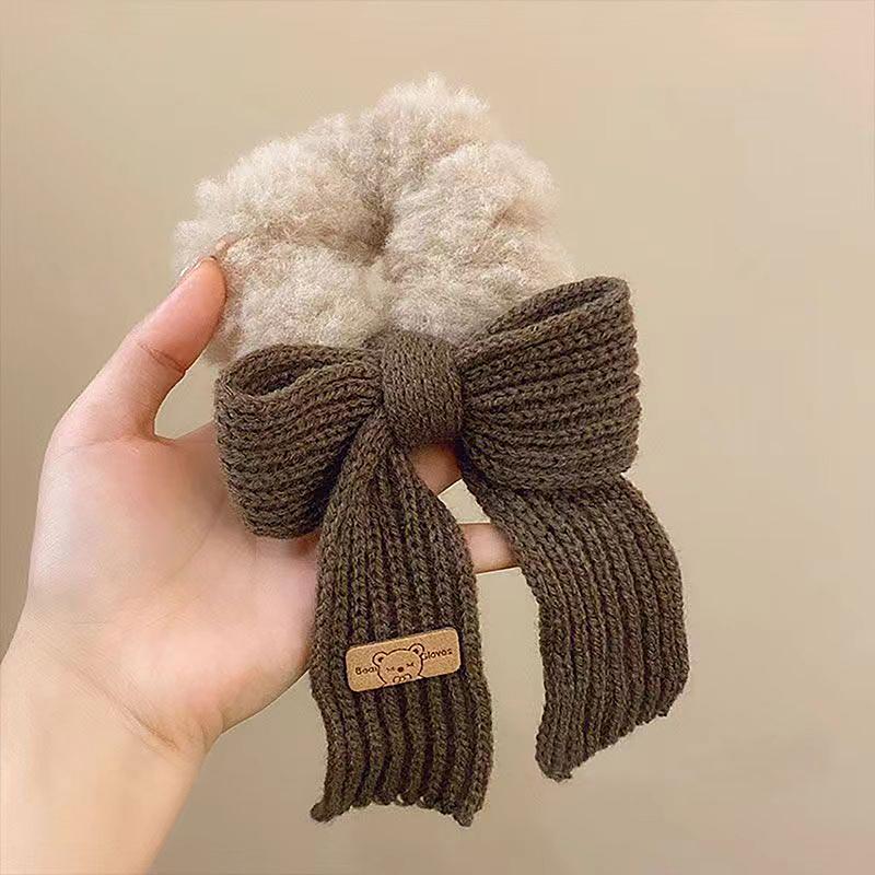 Cute Bow Rubber Band Lamb Wool Bowel Hair Rings Knitted Wool Plush Ponytail Hair Tie Headwear Scrunchies Girls Hair Accessories