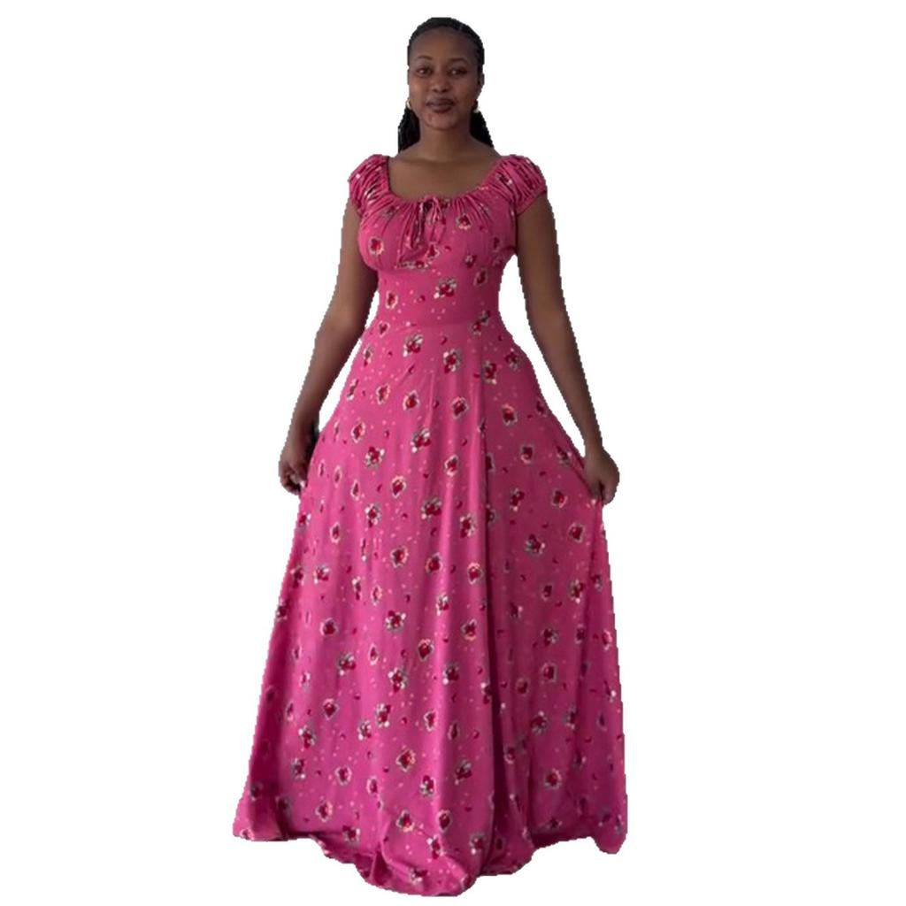 European and American Women's Clothing Summer New African Elegance Temperament Bubble Sleeve High Waist Split Flower Dress