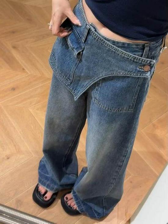 Jeans da Donna a Vita Alta a Gamba Larga con Design Finto Due Pezzi e Patta Posteriore - Pantaloni Eleganti, Slim-Fit, Larghi, Lunghi per la Primavera
