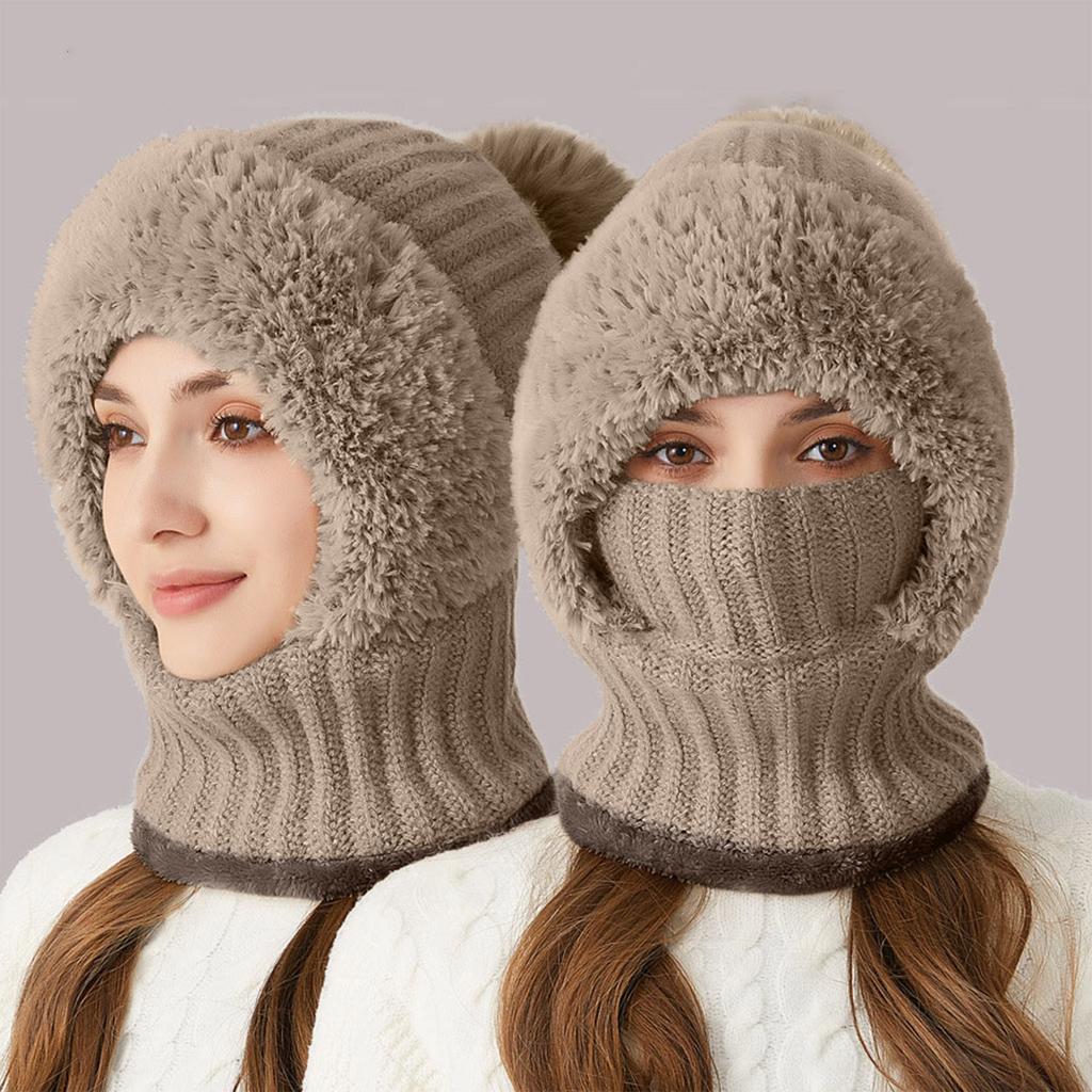 Flannelette Lined Winter Hats Knitted Hat With Ear Protectors Scarf Mask Set Warm Soft Cap For Women